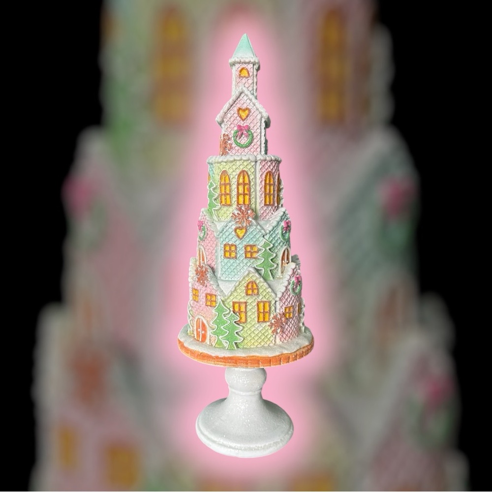 Rare Valerie Parr Hill Pastel Gingerbread House on Pedestal